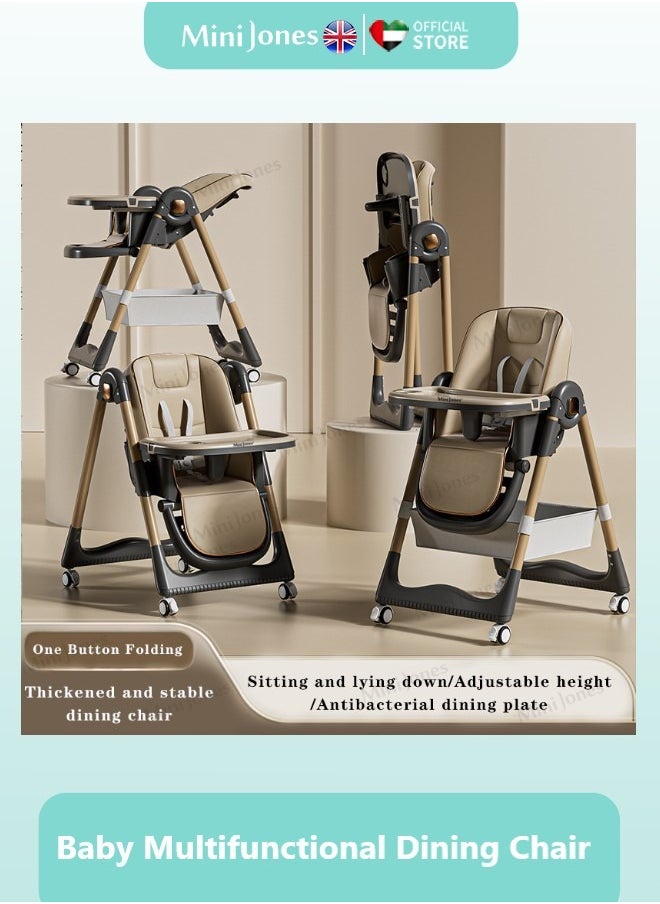 MiniJones Multifunctional Baby Dining Chair with Adjustable Hight and Back & Tray Foldable Feeding Chair BROWN  - Image 2