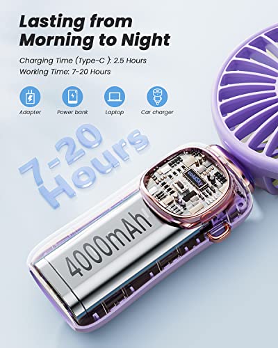coldSky Portable Handheld Fan, 4000mAh Battery Operated 3 in 1 Multifunction Personal Travel Fans with Digital Display, 90° Foldable Desk Fan with Base, 5 Speed Lash Fan for Makeup/Commute/Office - Image 3