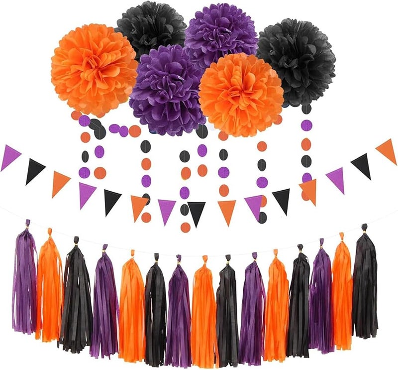 Halloween Tissue Pom Poms And Tassels Set Colorful Paper Hanging Decorations For Horror Theme Party - Image 1