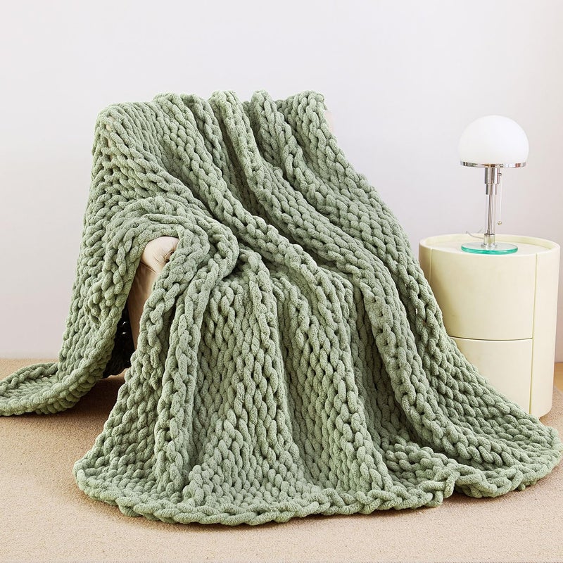 Admitrack Chunky Knit Blanket Throw, 100% Hand Knit Chenille Throw Blanket for Sofa & Home Decor, Soft and Cozy Knitted Throw Blankets (Sage Greenï¼Œ40"x50") - Image 1