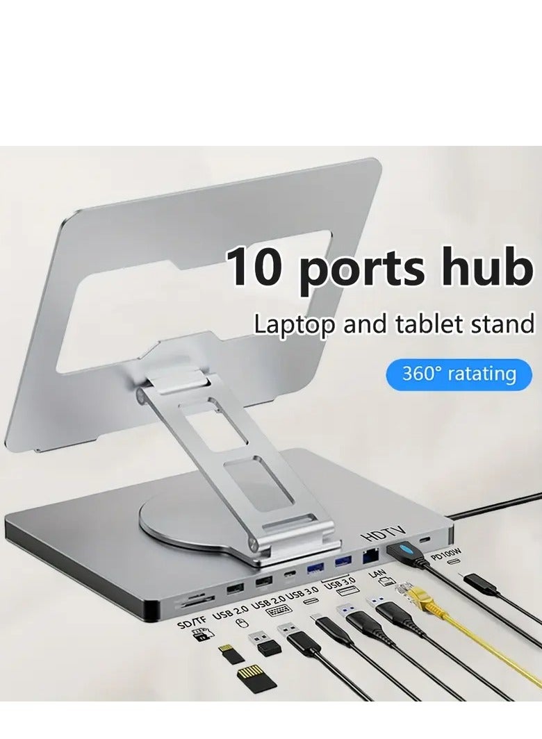 Multi-in-One Laptop Docking Station with Aluminum Alloy Rotating Bracket, Type-C Hub, 4K 60Hz Gigabit Ethernet & USB Splitter - Portable USB-Powered for Home Office & - Image 1
