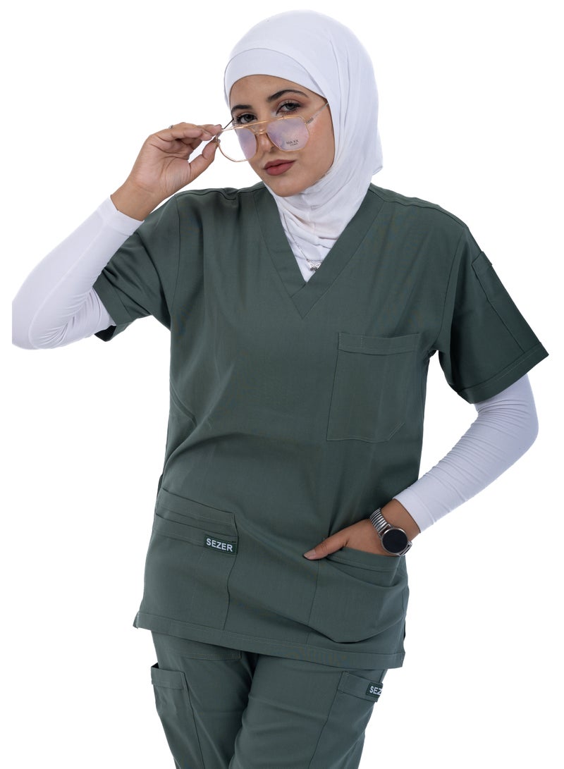 sezer Women's Caesar Scrub - Soft Women's Caesar Scrub - Soft cotton in olive color for your brilliance and comfort every work day!in gingham for your brilliance and comfort every work day! - Image 1