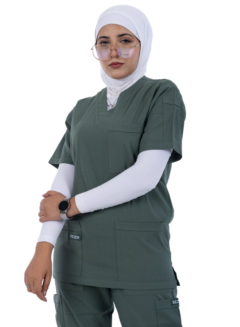 sezer Women's Caesar Scrub - Soft Women's Caesar Scrub - Soft cotton in olive color for your brilliance and comfort every work day!in gingham for your brilliance and comfort every work day! - Image 2