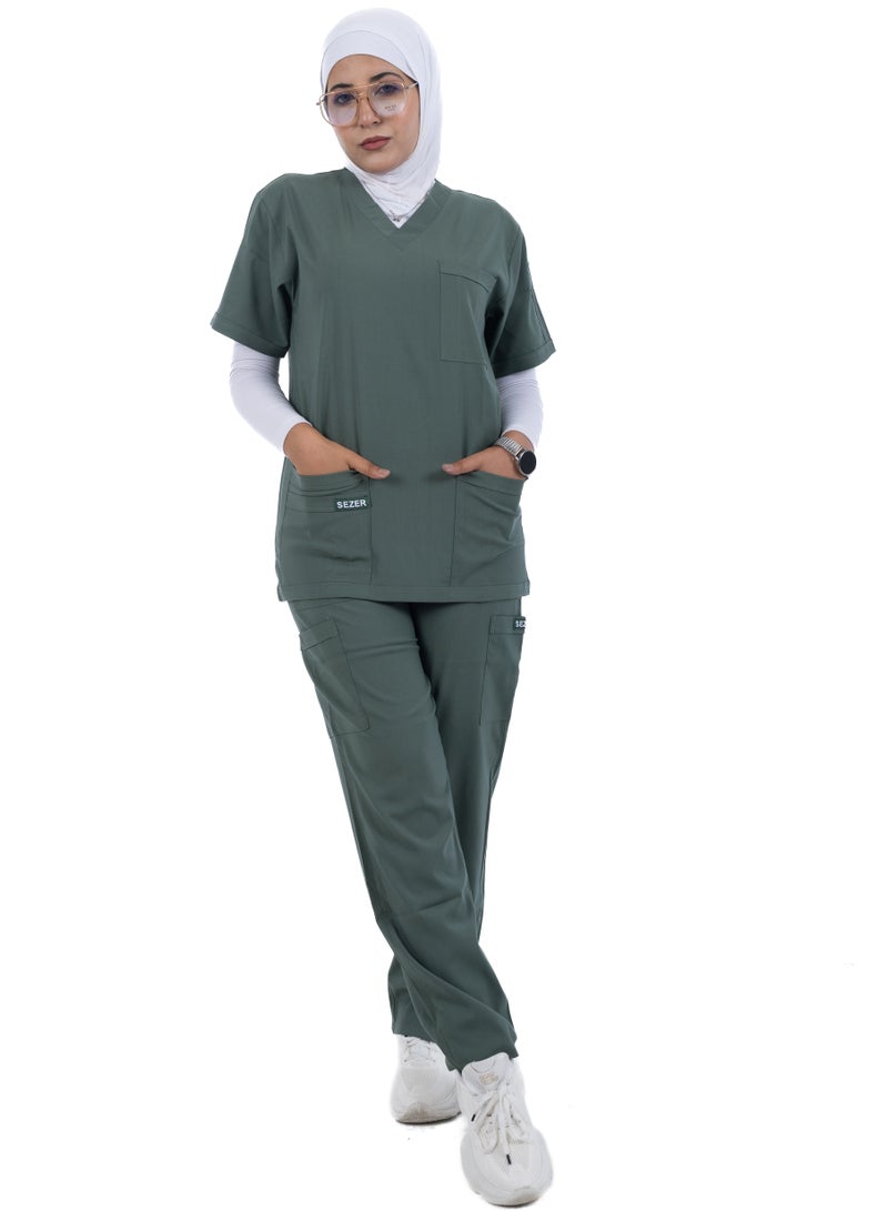 sezer Women's Caesar Scrub - Soft Women's Caesar Scrub - Soft cotton in olive color for your brilliance and comfort every work day!in gingham for your brilliance and comfort every work day! - Image 5
