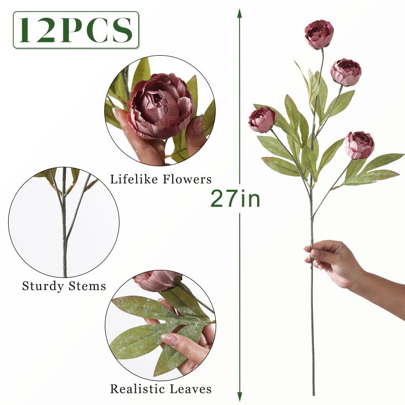 VIERENA 12 Pcs Faux Silk Peony Artificial Flowers for Vase -27", Bulk Fake Peonies Branches with Stems for DIY Bouquet Centerpieces Wedding Fillers Arrangements Shower Decorations (Warm Pink) - Image 5