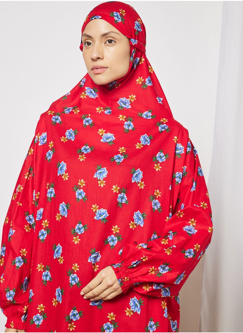 حياة - إسدال صلاة سهل الارتداء من قطعة واحدة مزين بنقشة الزهور مع حجاب - Image 1