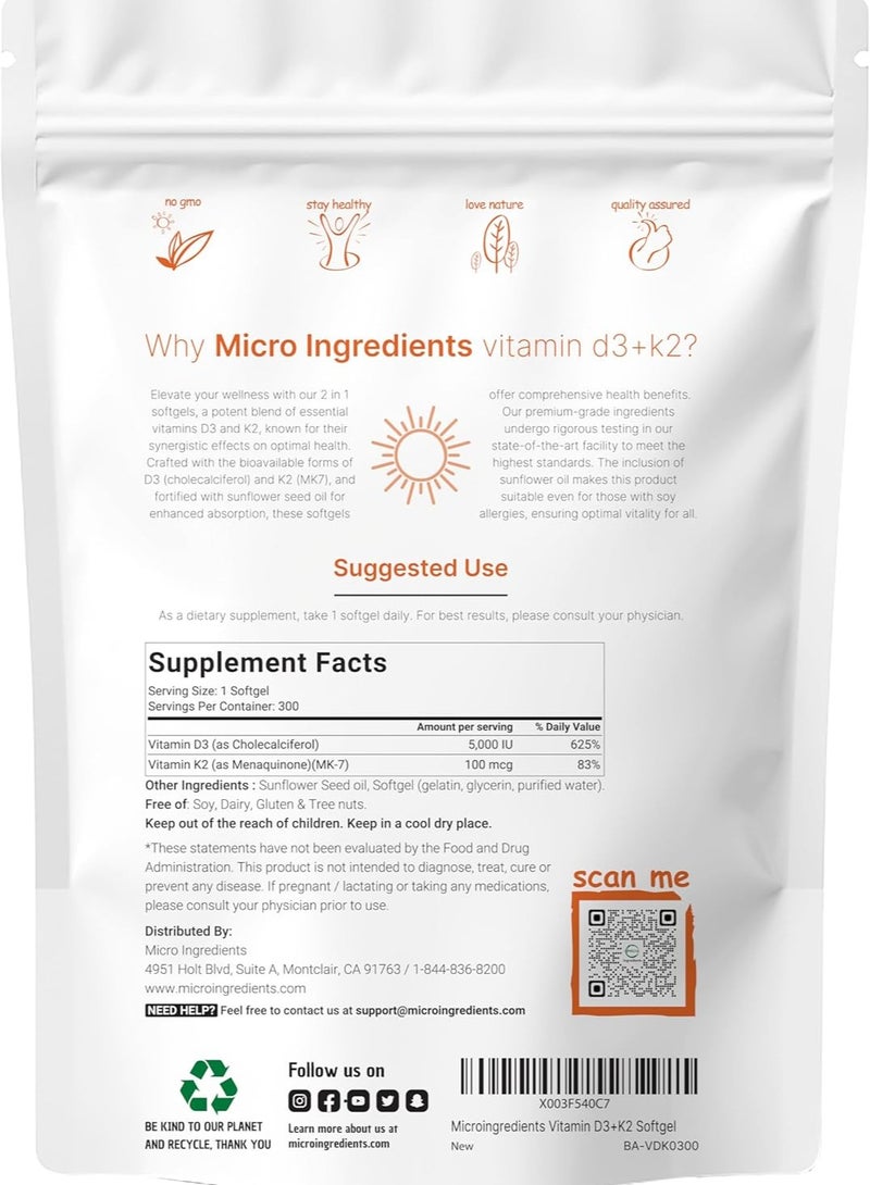 Micro Ingredients Vitamin D3 + k2, 5000 IU + 100mcg - 300 Softgels - Image 2