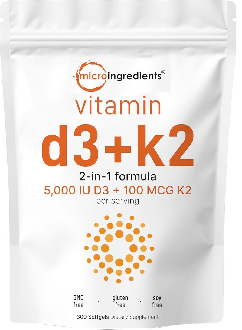 Micro Ingredients Vitamin D3 + k2, 5000 IU + 100mcg - 300 Softgels - Image 1
