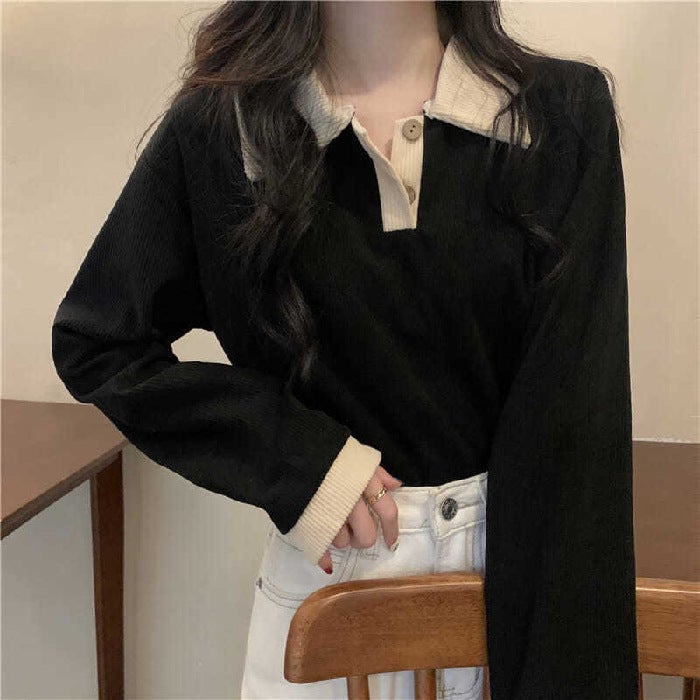 2022 Fall Slim Fit Long Sleeve Polo T-Shirt for Women Black - Image 1