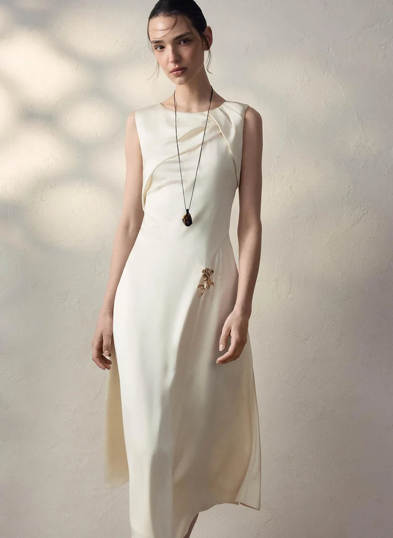 Lichi  Midi satin dress with draping on the bodice and floral detailing for Women | Best Price UAE