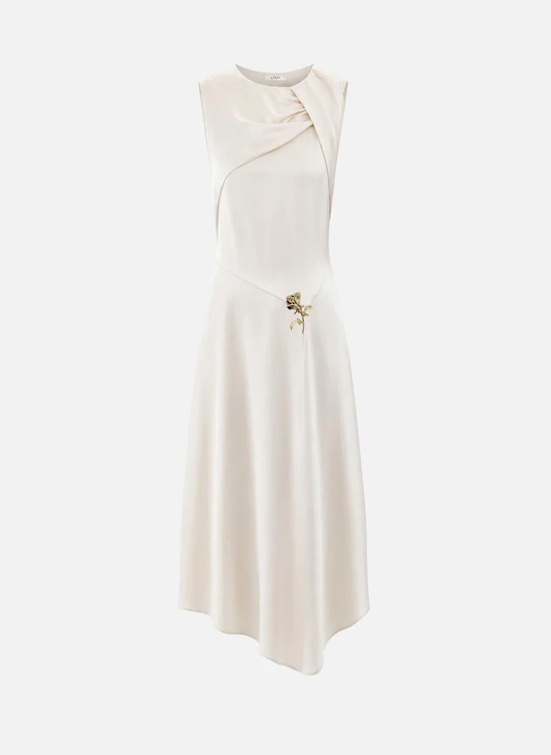 Lichi  Midi satin dress with draping on the bodice and floral detailing for Women | Best Price UAE
