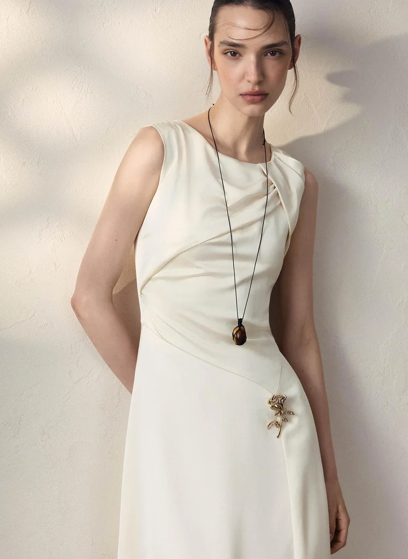 Lichi  Midi satin dress with draping on the bodice and floral detailing for Women | Best Price UAE