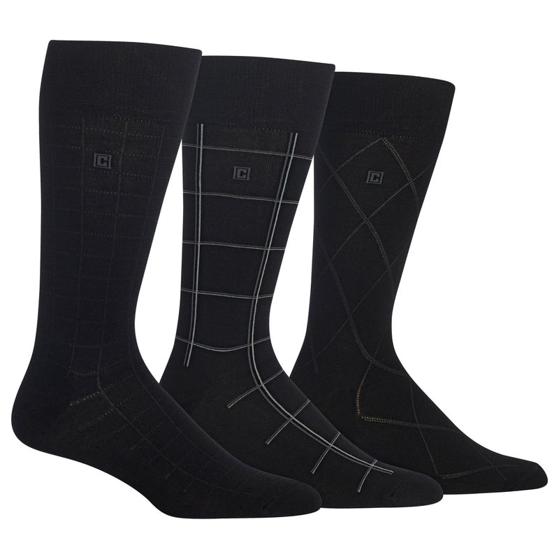 Chaps Men's Classic Dress Crew Socks-3 Pair Pack-Pattern and Solid Color Designs, Dashed Windowpane (Black), Shoe Size: 10-13