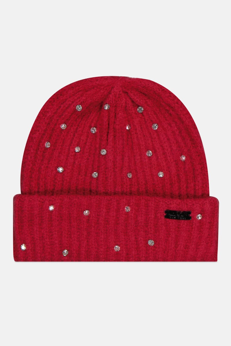 Nicole Miller Women Brand Logo Knitted Beanie Hat, Maroon - Image 1
