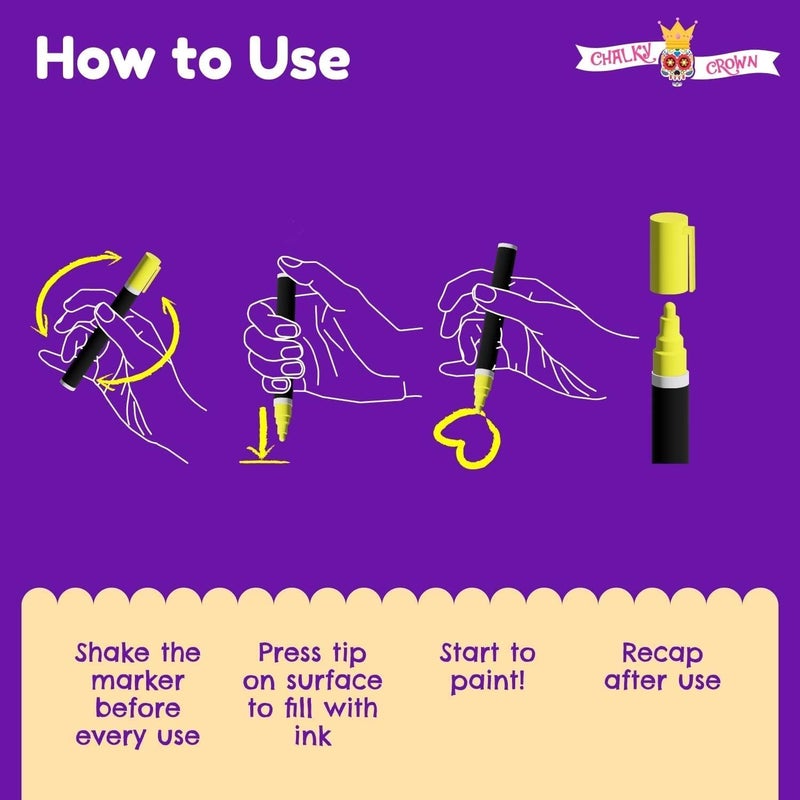 CHALKY CROWN Markers الطباشير السائلة للسبورات - قلم تحديد جاف بألوان جريئة - علامات الطباشير لعلامات السبورة، النوافذ، السبورة، الزجاج - طرف قابل للعكس 6 مم (8 عبوة) - 24 ملصق سبورة الطباشير متضمنة - Image 4