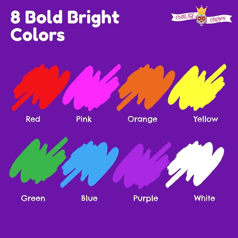 CHALKY CROWN Markers الطباشير السائلة للسبورات - قلم تحديد جاف بألوان جريئة - علامات الطباشير لعلامات السبورة، النوافذ، السبورة، الزجاج - طرف قابل للعكس 6 مم (8 عبوة) - 24 ملصق سبورة الطباشير متضمنة - Image 3