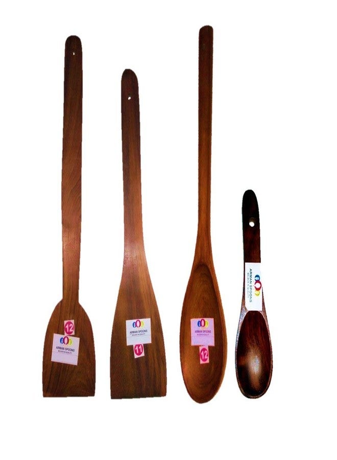 ARMAN SPOONS طقم ملاعق مسطحة مصنوعة يدويًا من خشب الساج، يتضمن ملعقة مسطحة عريضة وملاعق صغيرة، طقم طبخ وتقديم مكون من 4 قطع - Image 1