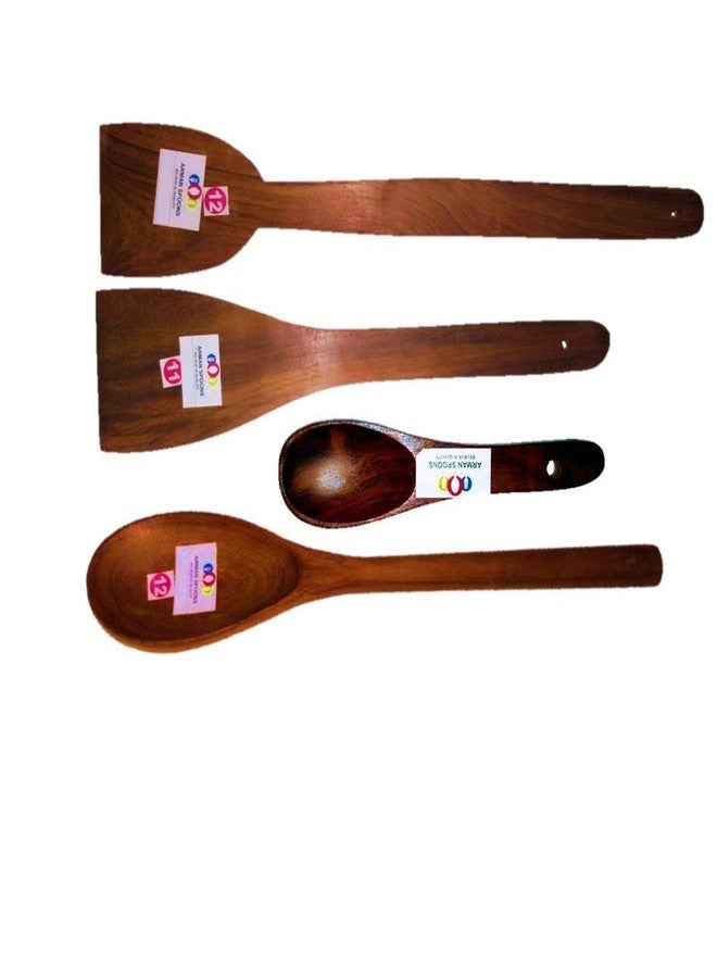 ARMAN SPOONS طقم ملاعق مسطحة مصنوعة يدويًا من خشب الساج، يتضمن ملعقة مسطحة عريضة وملاعق صغيرة، طقم طبخ وتقديم مكون من 4 قطع - Image 2
