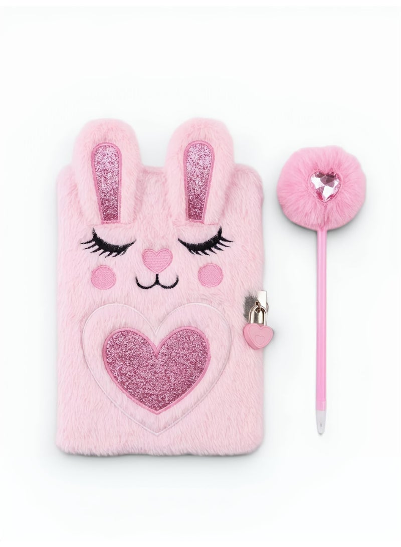 Aura Style Plush Rabbit Secret Diary with Heart Lock and Key, Cute Pink Furry Journal for Girls with Matching Pom Pom Pen - Image 1