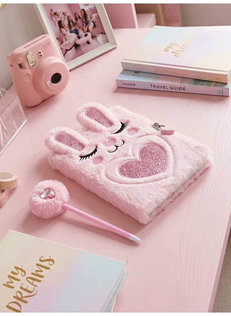 Aura Style Plush Rabbit Secret Diary with Heart Lock and Key, Cute Pink Furry Journal for Girls with Matching Pom Pom Pen - Image 2