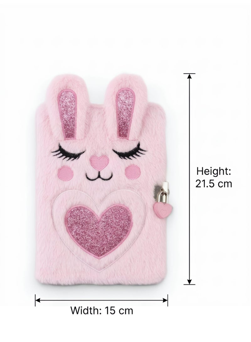 Aura Style Plush Rabbit Secret Diary with Heart Lock and Key, Cute Pink Furry Journal for Girls with Matching Pom Pom Pen - Image 3