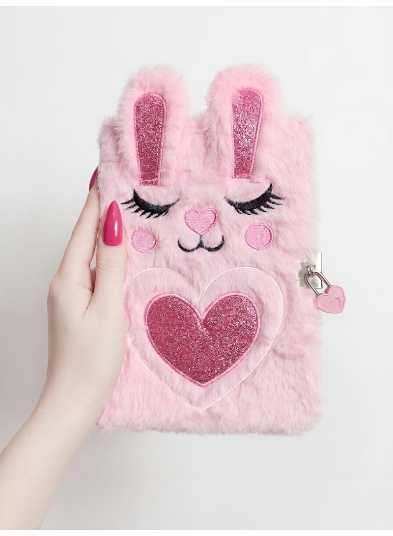 Aura Style Plush Rabbit Secret Diary with Heart Lock and Key, Cute Pink Furry Journal for Girls with Matching Pom Pom Pen - Image 4