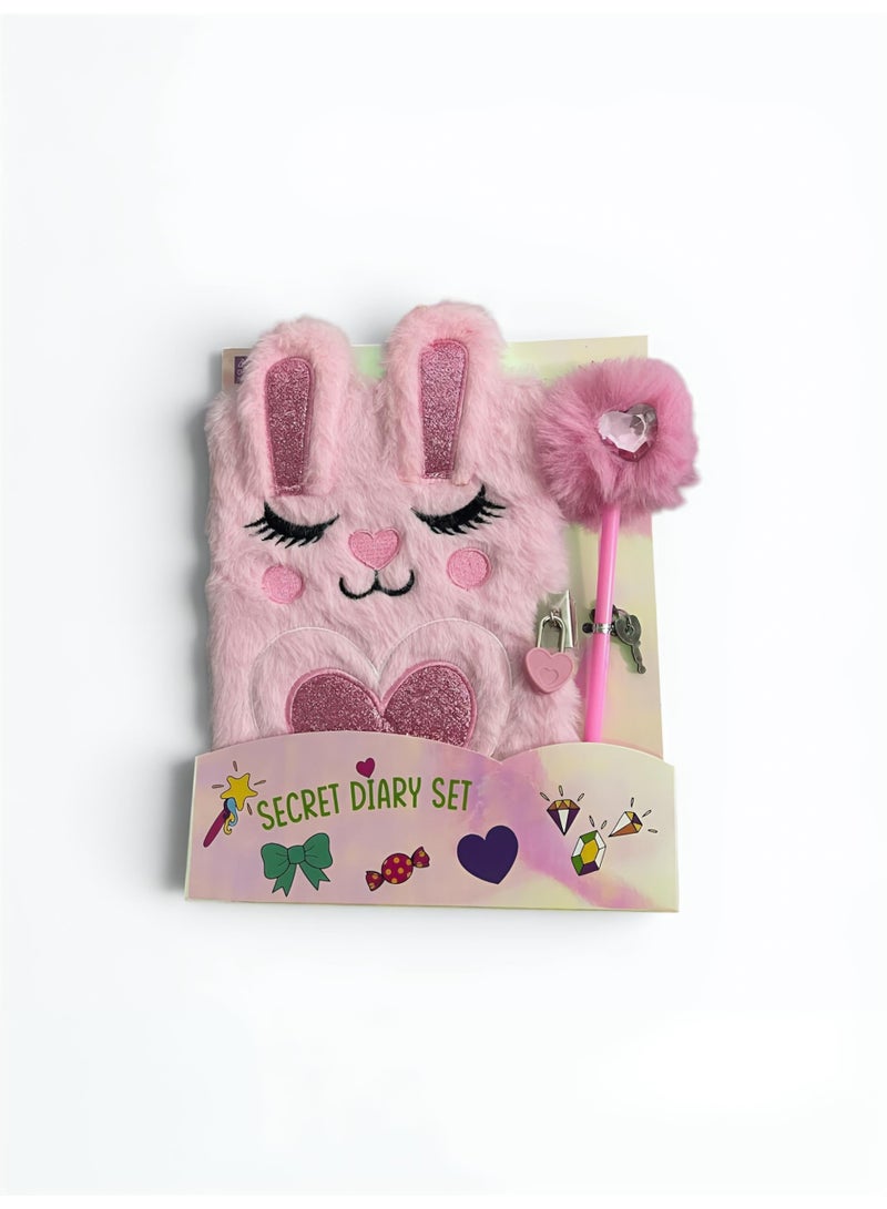 Aura Style Plush Rabbit Secret Diary with Heart Lock and Key, Cute Pink Furry Journal for Girls with Matching Pom Pom Pen - Image 5
