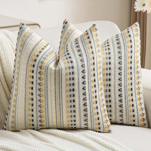 FUTEI Pack of 2 Chenille Jacquard Throw Pillow Covers 18x18 Inch Soft Cozy Woven Embroidery Decorative Cushion Case Boho Farmhouse Accent for Couch Bed Living Room Yellow Grey - Image 1