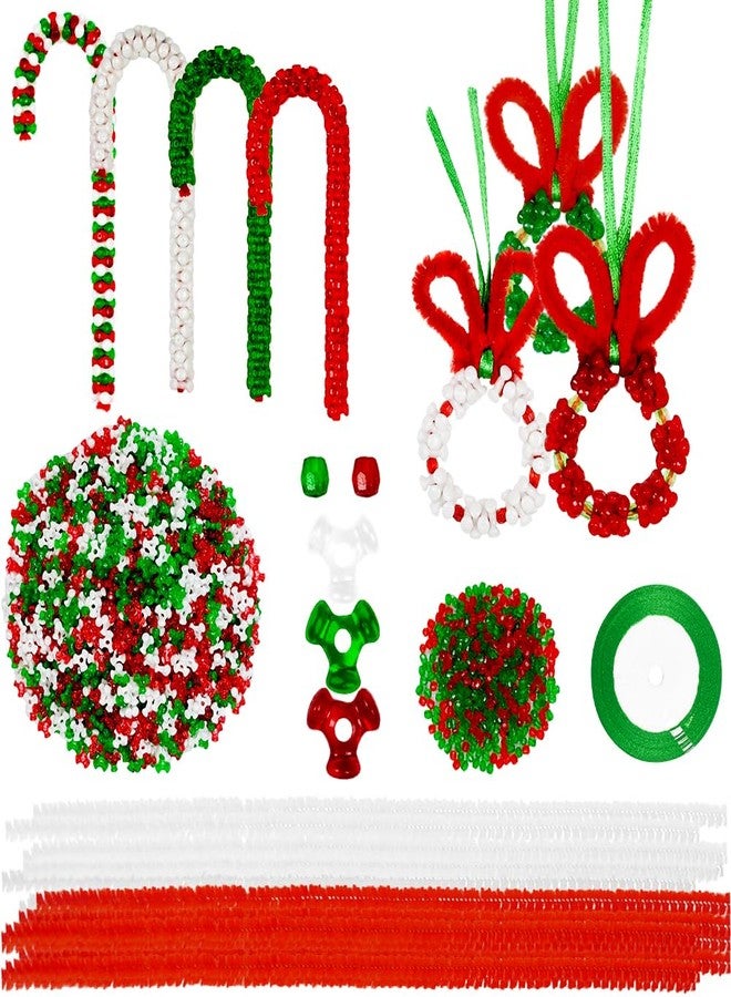 Jolbndcv Christmas Beaded Ornaments Kit 1750 Pcs Xmas Christmas Hanging Decoration 1500 Pcs PlasticTri Beads 200 Pcs Pony Beads 50 Pcs Chenille Stems 72.2ft Green Ribbons - Image 1