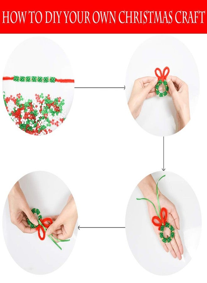 Jolbndcv Christmas Beaded Ornaments Kit 1750 Pcs Xmas Christmas Hanging Decoration 1500 Pcs PlasticTri Beads 200 Pcs Pony Beads 50 Pcs Chenille Stems 72.2ft Green Ribbons - Image 5