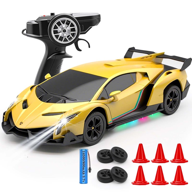 QUN XING سيارة التحكم عن بُعد QUN XING 124 مرخصة رسميًا لامبورغيني فينينو مع أضواء LED 24GHz 4WD سرعة 15 كم/ساعة تحكم سريع بطارية قابلة للشحن 800 مللي أمبير هدية عيد ميلاد للأطفال الأولاد 8-12 أصفر - Image 3
