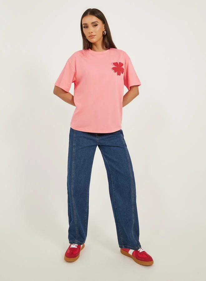 Styli Floral Embroidered Oversized Longline T-Shirt