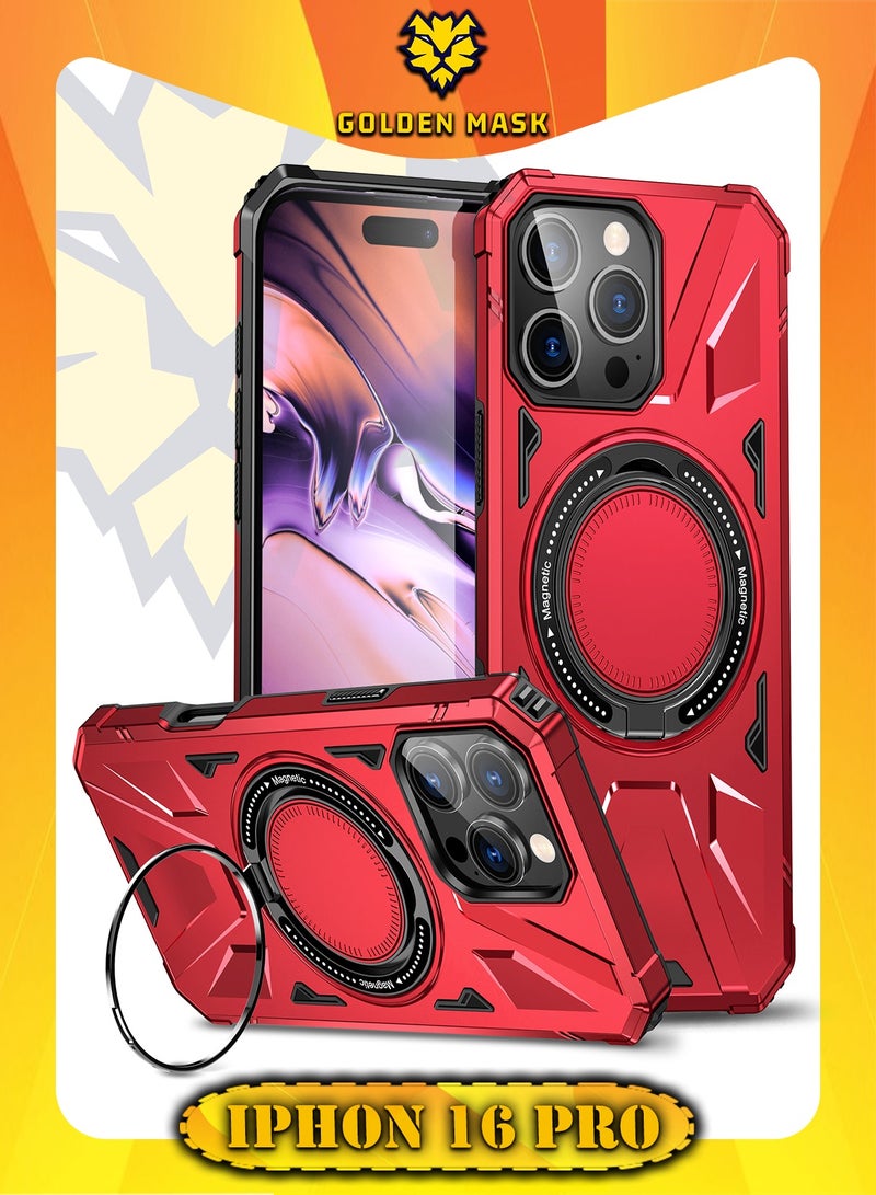 GOLDEN MASK GOLDEN MASK For iPhone 16 Pro Case Mag-Safe Magnetic Shockproof Phone Case with Ring Holder (Red)
