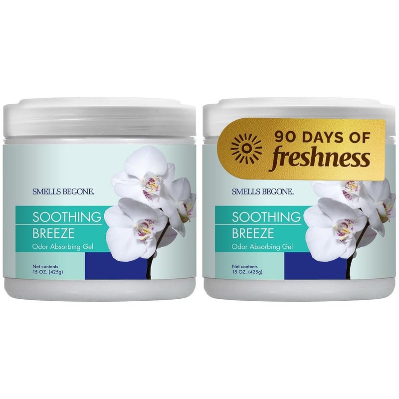 SMELLS BEGONE Air Freshener Odor Absorber Gel - 15 oz, Pack of 2 - Absorbs and Eliminates Odor in Pet Areas, Bathrooms, Cars, & Boats - Made with Essential Oils - Soothing Breeze Scent - Image 1
