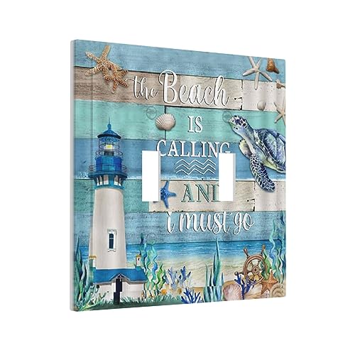 Yamxbfa Vintage Sea Turtle Lighthouse on Blue Wood Board Double Toggle Light Switch Covers Plate Decorative 2 Gang Wall Plate Dual Device Electrical Switchplate Faceplate for Farmhouse Bathroom Decor - Image 2