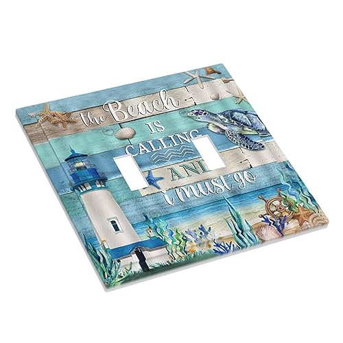 Yamxbfa Vintage Sea Turtle Lighthouse on Blue Wood Board Double Toggle Light Switch Covers Plate Decorative 2 Gang Wall Plate Dual Device Electrical Switchplate Faceplate for Farmhouse Bathroom Decor - Image 3