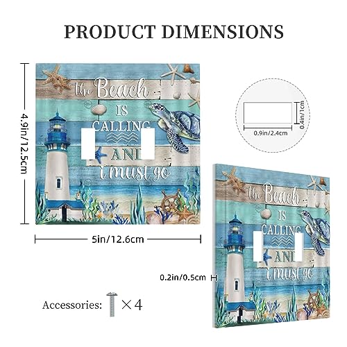 Yamxbfa Vintage Sea Turtle Lighthouse on Blue Wood Board Double Toggle Light Switch Covers Plate Decorative 2 Gang Wall Plate Dual Device Electrical Switchplate Faceplate for Farmhouse Bathroom Decor - Image 5