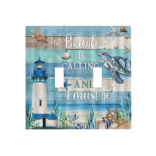 Yamxbfa Vintage Sea Turtle Lighthouse on Blue Wood Board Double Toggle Light Switch Covers Plate Decorative 2 Gang Wall Plate Dual Device Electrical Switchplate Faceplate for Farmhouse Bathroom Decor - Image 1