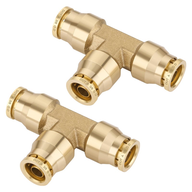 Boeray 38 Quick Push to Connect Fittings Brass Union Tee Shaped Joint DOT Approved 38 Inch OD 3 Way Tube Air Line Adapter Air Spring Suspension Kit for Car Truck Trailers and Air Brake System 2pcs - Image 2