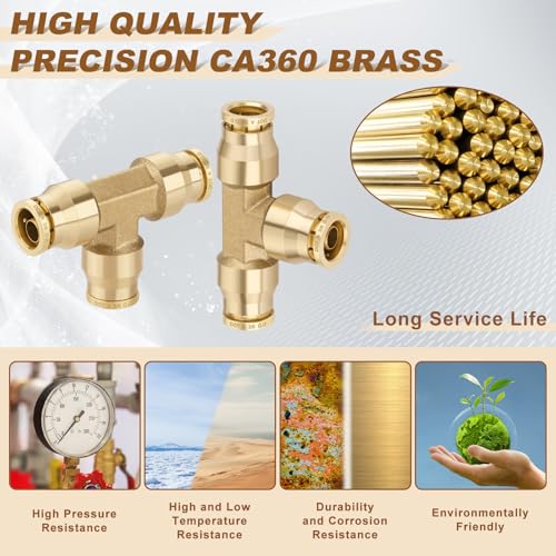 Boeray 38 Quick Push to Connect Fittings Brass Union Tee Shaped Joint DOT Approved 38 Inch OD 3 Way Tube Air Line Adapter Air Spring Suspension Kit for Car Truck Trailers and Air Brake System 2pcs - Image 3