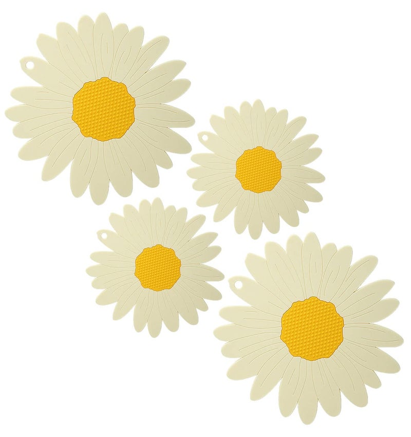P-Plus International Trivets for Hot Dishes, Trivet Mat Hot Pads for Kitchen Multi-Use Flower Trivet Mat Sunflower Anti-Slip Cup Coasters (Big+Small, Set of 4, White) - Image 1