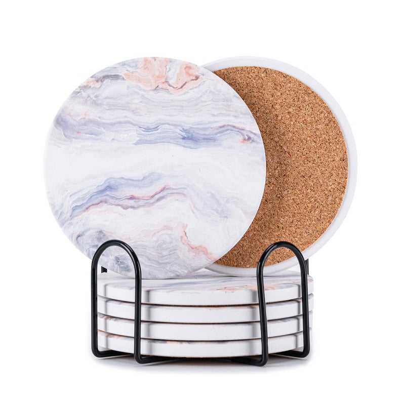 Hoewina 6Pcs Drink Coasters with Holder, Marble Style Ceramic Drink Coaster, Absorbent Coasters Set Suitable for Kinds of Cups, Modern Style Coasters for Coffee Table, 4 Inchesï¼ˆCloud Styleï¼‰ - Image 1