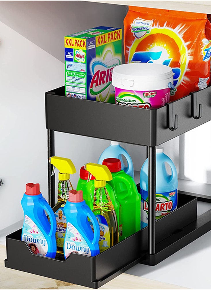 Perfii 2-Tier Under Sink Organizer for Kitchen and Bathroom Cabinet Storage with Sliding Drawer, Hooks, and Hanging Cup for Efficient Space Utilization  - Image 4