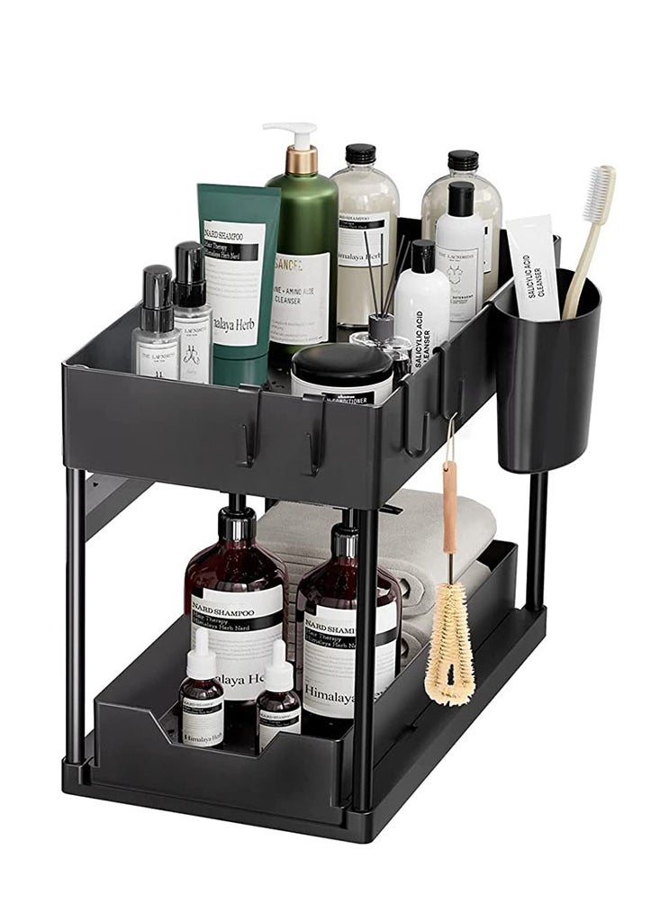 Perfii 2-Tier Under Sink Organizer for Kitchen and Bathroom Cabinet Storage with Sliding Drawer, Hooks, and Hanging Cup for Efficient Space Utilization  - Image 1