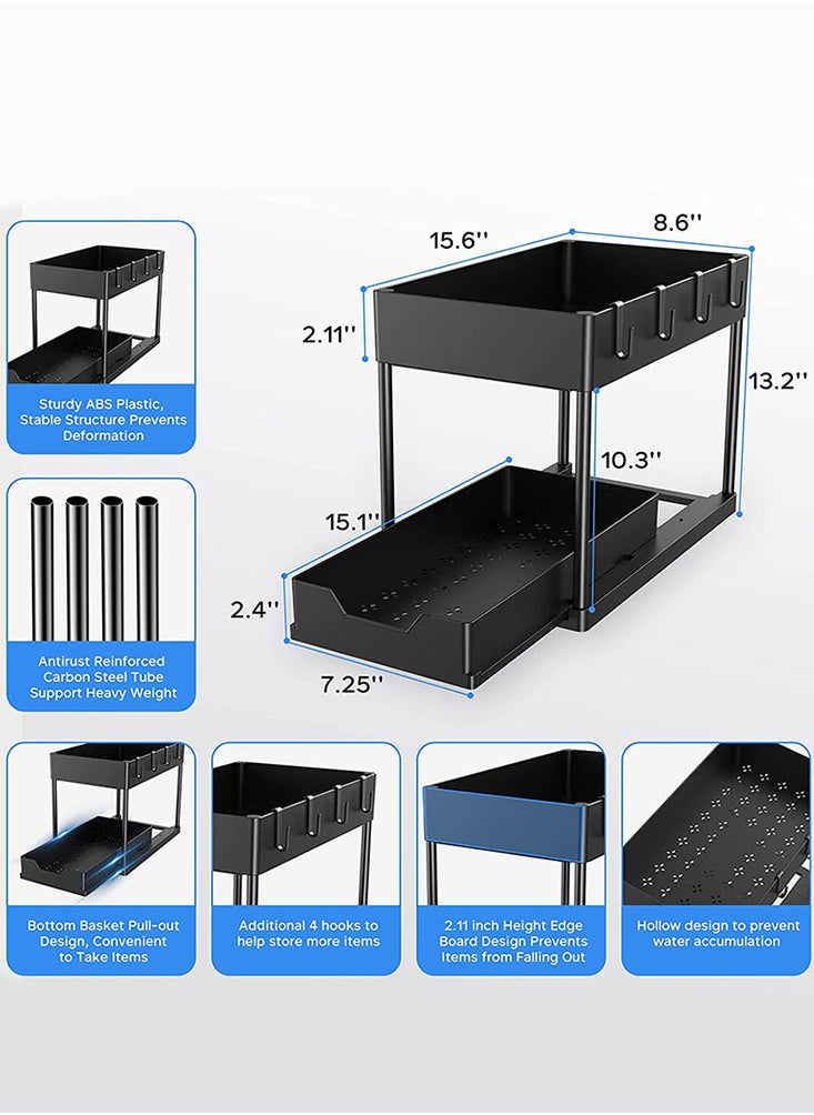 Perfii 2-Tier Under Sink Organizer for Kitchen and Bathroom Cabinet Storage with Sliding Drawer, Hooks, and Hanging Cup for Efficient Space Utilization  - Image 2