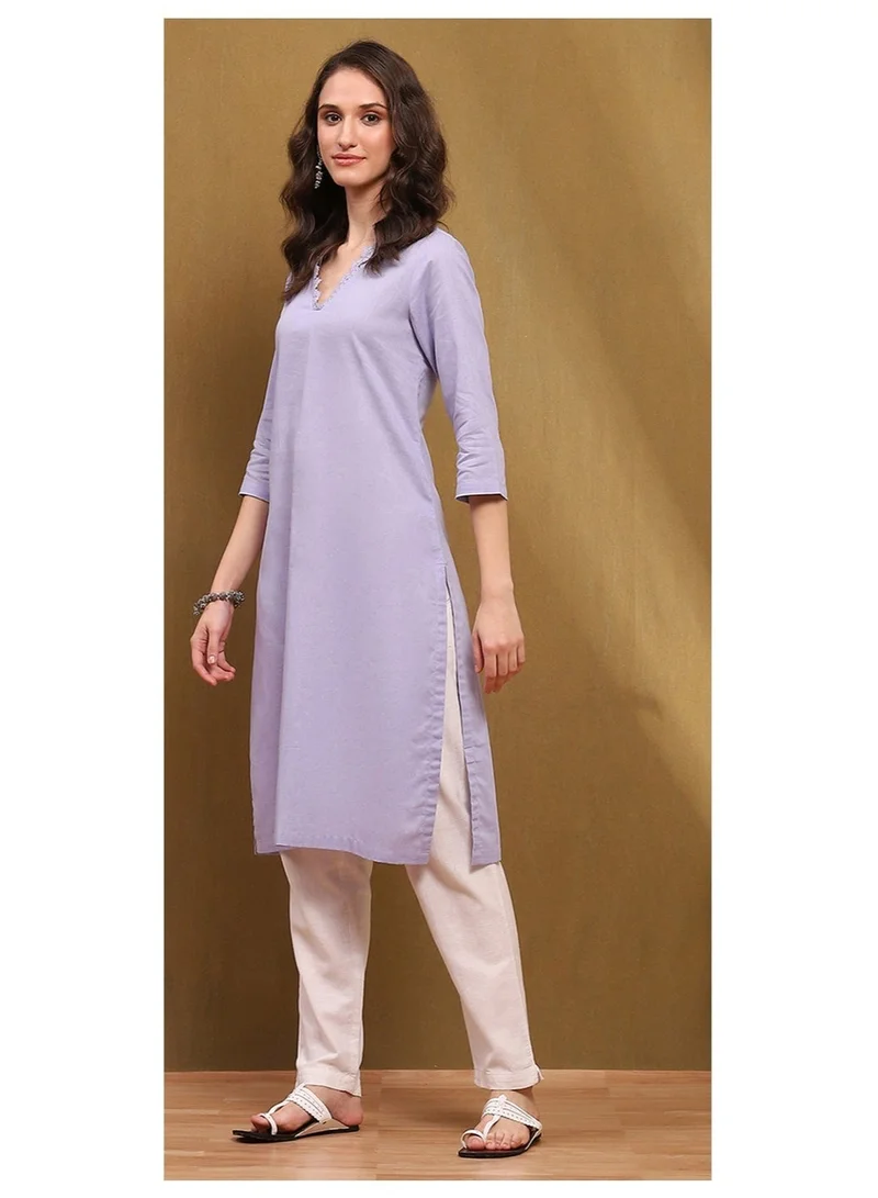Biba Lilac Lilac Cotton Blend Solid Regular Fit Straight Kurta for Women | Best Price UAE