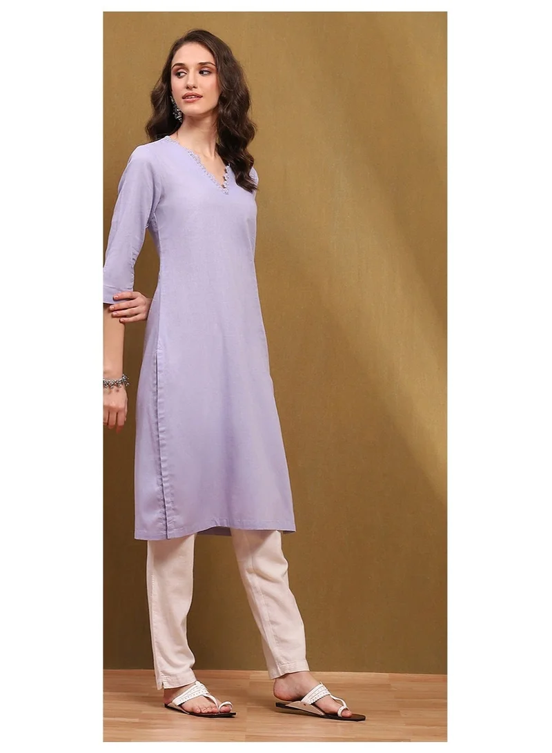 Biba Lilac Lilac Cotton Blend Solid Regular Fit Straight Kurta for Women | Best Price UAE