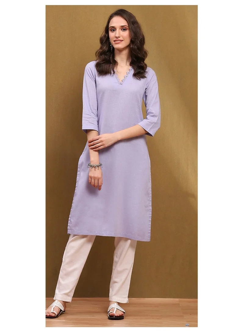 Biba Lilac Lilac Cotton Blend Solid Regular Fit Straight Kurta for Women | Best Price UAE