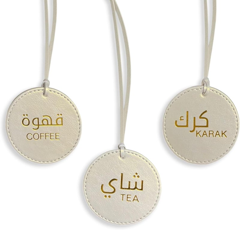 LEART Dallah Flask Tags, تعليقات الدلال - Dallah Coffee Pot, Tea and Coffee Tag | للشاي تعليقة للقهوه و تعليقة | Dallah Tag (Metallic Cream - Set of 3) - Image 1