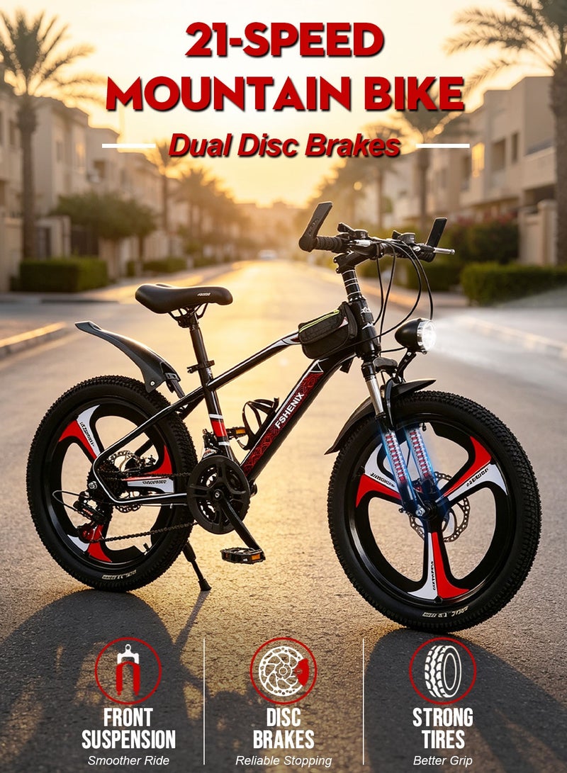 FSHENIX Mountain Bike 18-20-22 Inch, 21 Speed Dual Disc Brake Shifter Bicycle with Headlight, for Kids and Adults 8-12-15 Years Boys and Girls (Red) - Image 1